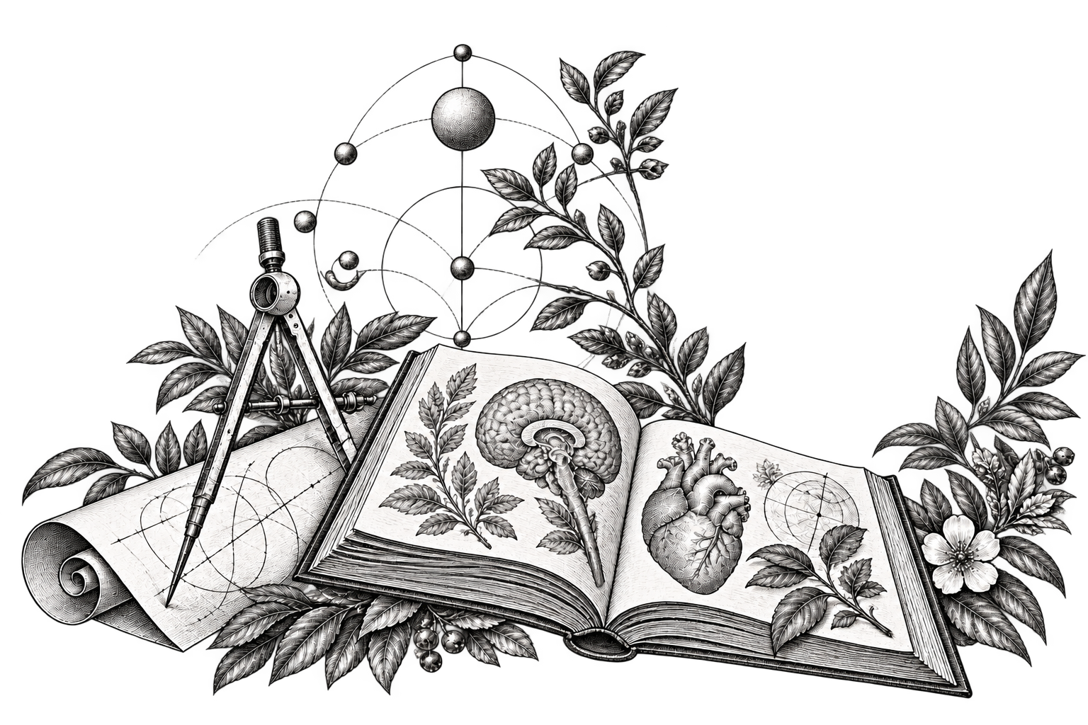 Научная гравюра: раскрытая книга, растения, чертёжные инструменты и символы знаний